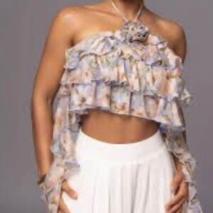 JLUXLABEL Floral Ruffle Halter Crop Top Blue Pink Beige Sz S Coquette Fairycore